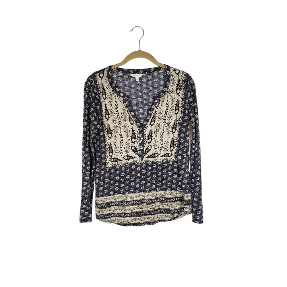 Lucky Brand Peasant Popover Top Gray Taupe Floral Long Sleeve Womens Size XS